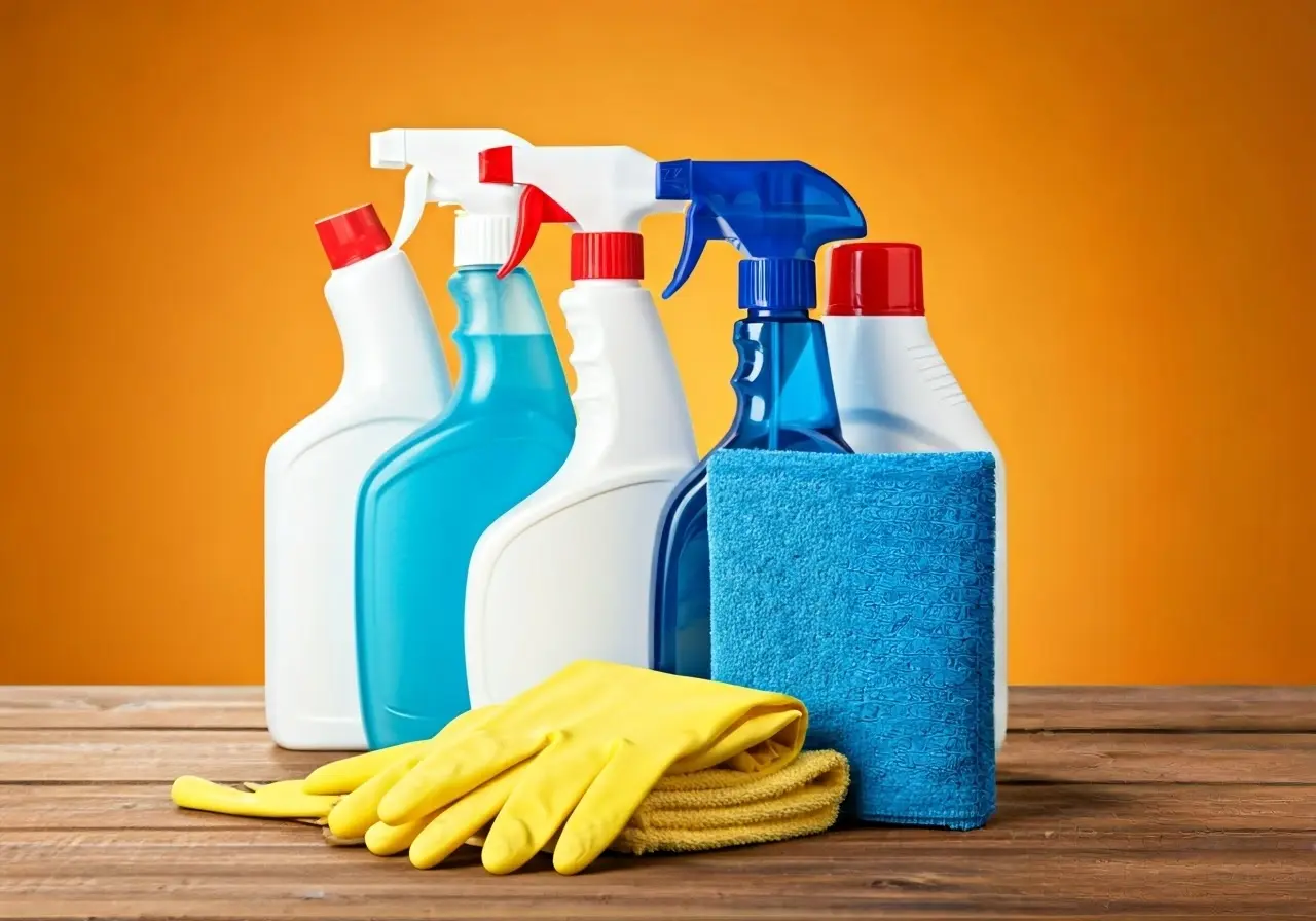 A collection of cleaning supplies including sprays and cloths. 35mm stock photo