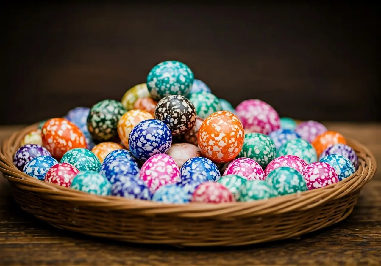 A colorful display of egglets with historical background artifacts. 35mm stock photo