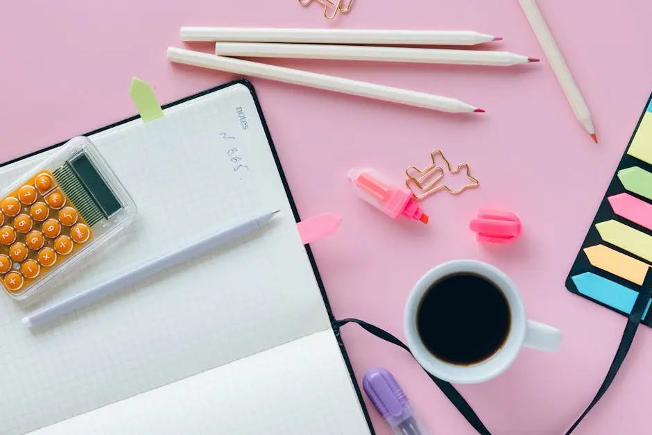 Pink Pen on White Notebook Beside White Ceramic Mug