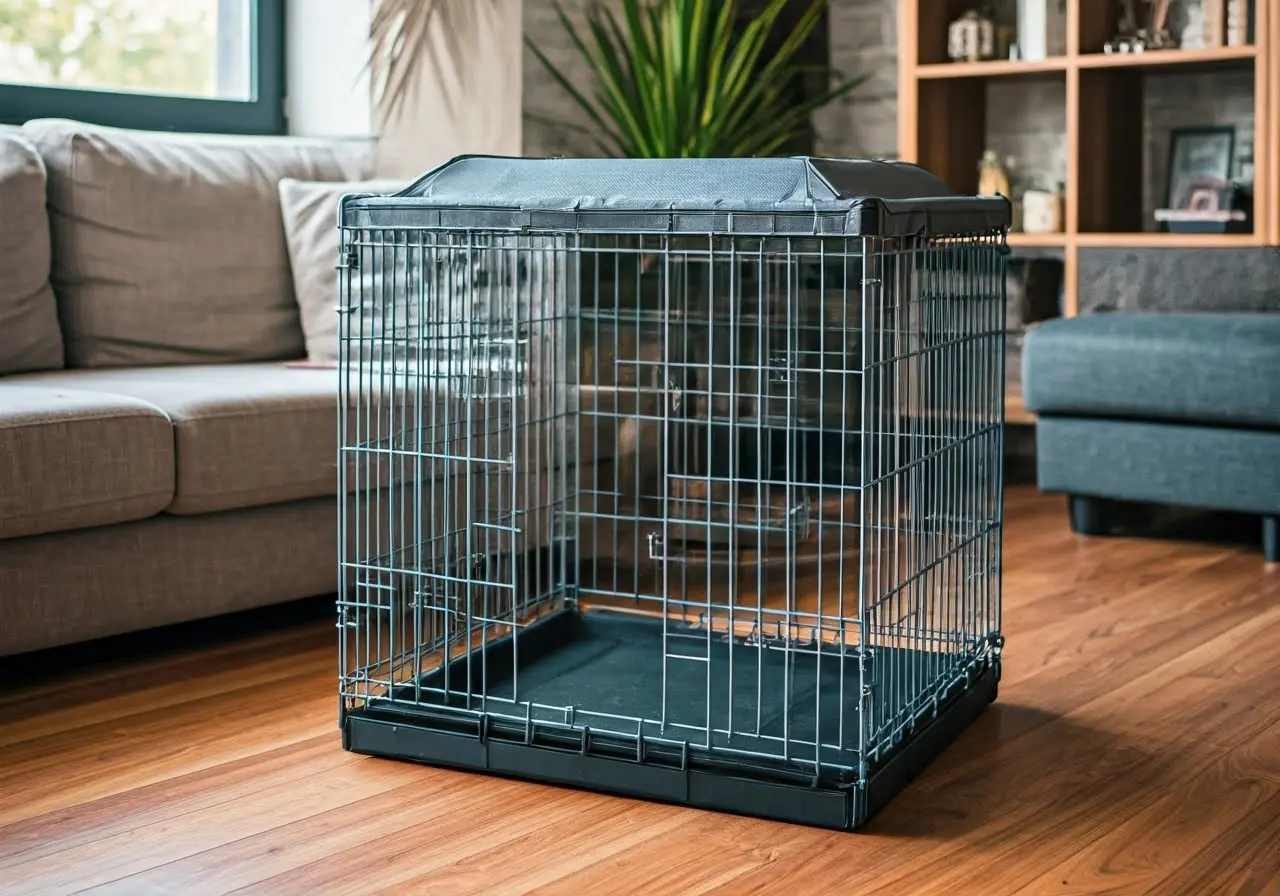 A sleek, foldable EliteField dog crate in a cozy living room. 35mm stock photo