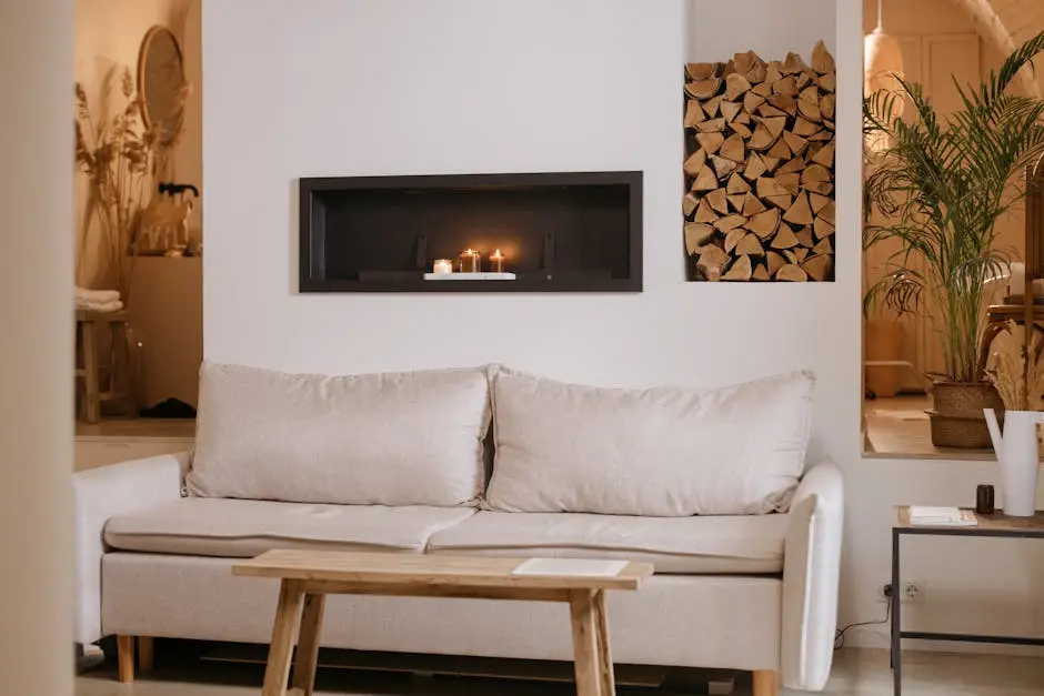 A serene minimalist living room featuring a clean lined sofa, wooden accents, and ambient candles.