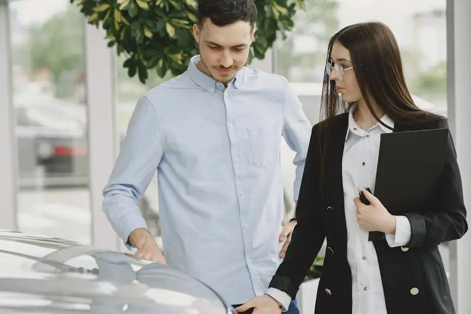 Professional interaction between a client and salesperson in a car dealership setting.