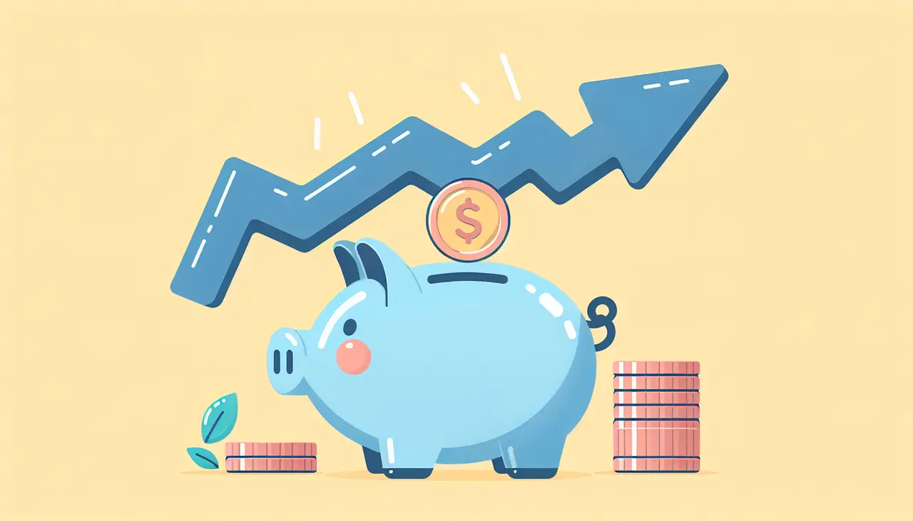 Draw a graphic in flat design style. Illustration of a piggy bank with a growth arrow rising above it.