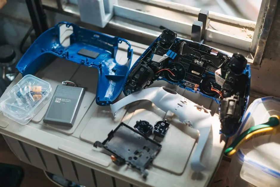 Close-up of a disassembled gaming controller on a workbench with tools and parts.