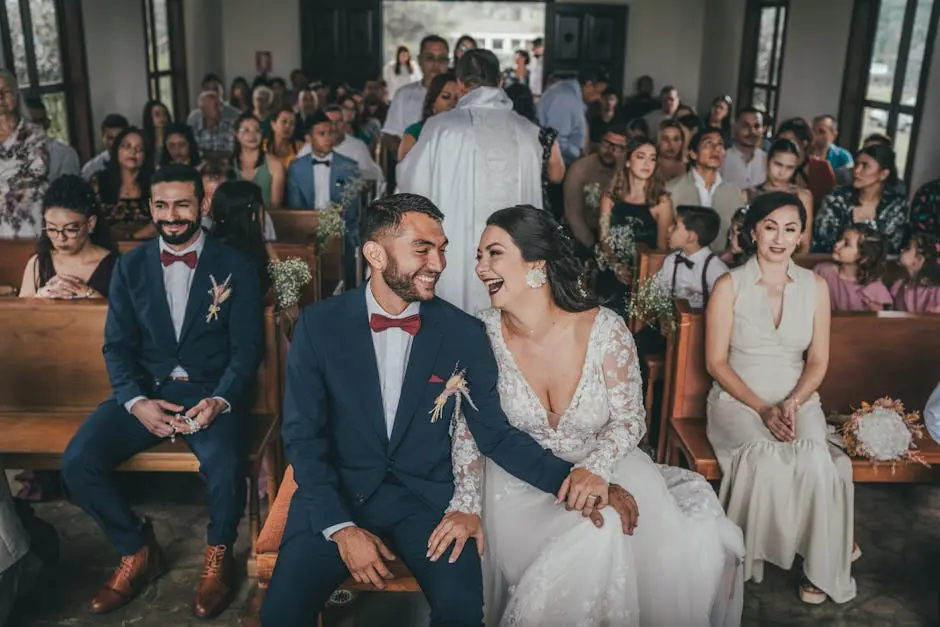 A joyful couple shares laughter during their wedding ceremony in San Ramon, Costa Rica.