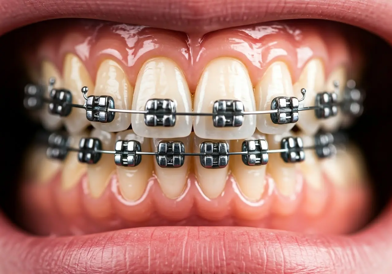 Close-up of clear braces on teeth. 35mm stock photo