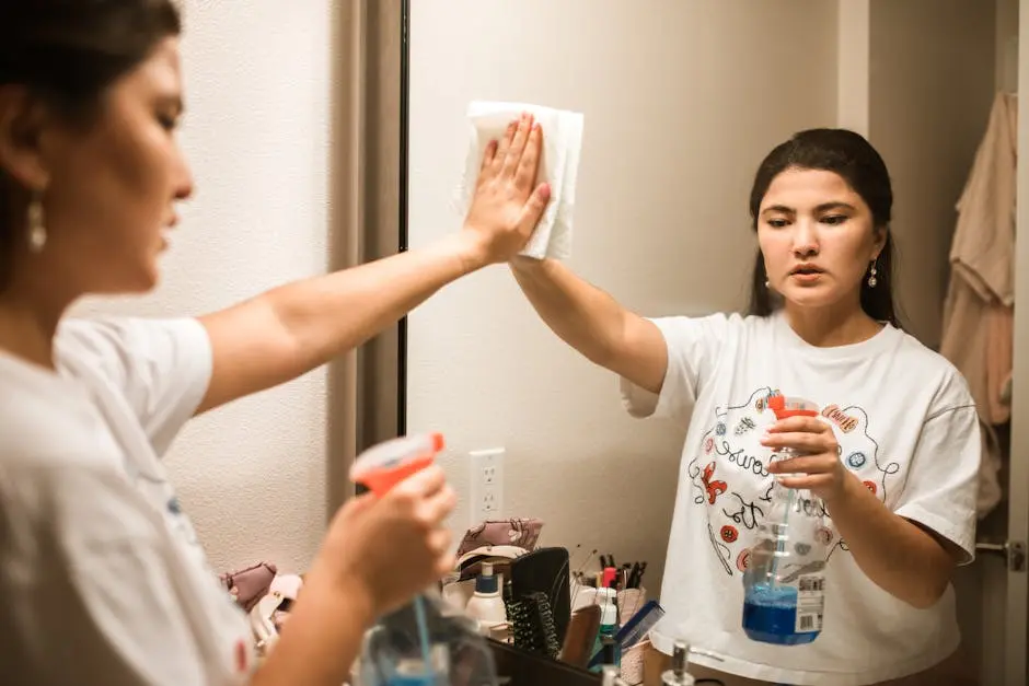 An adult woman cleaning a bathroom mirror with a spray bottle and cloth, focused on hygiene.