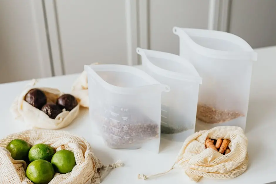 Reusable silicone and cloth bags storing lime, turmeric, and grains on a kitchen table.