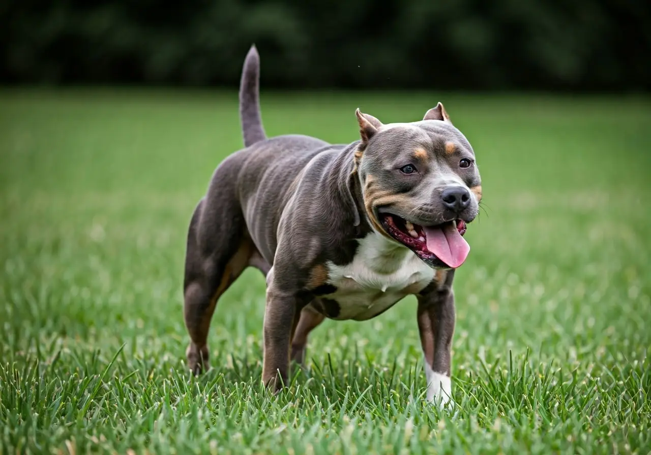 A happy American Pit Bull Terrier playing in a park. 35mm stock photo