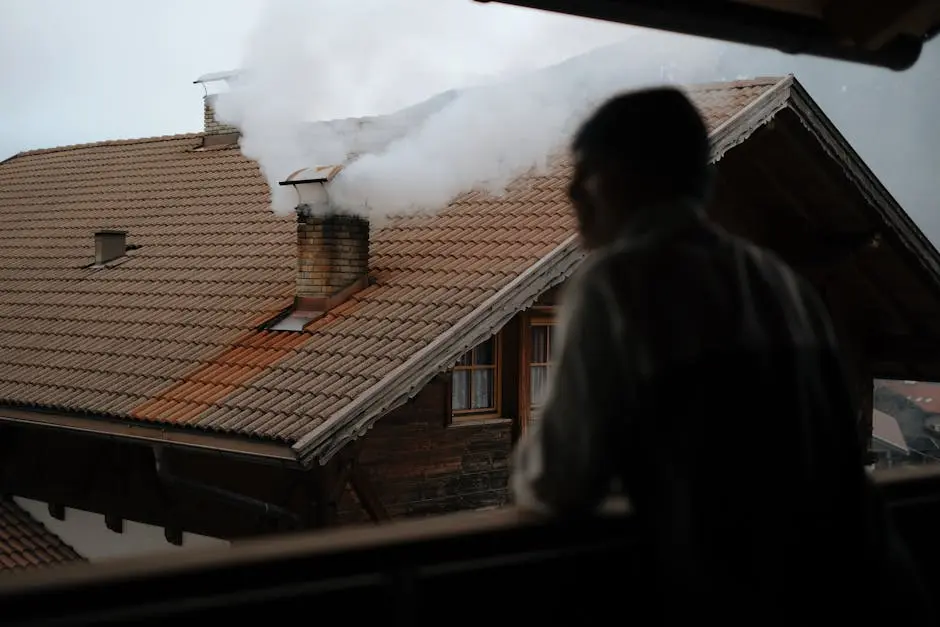 A man observes smoke rising from a chimney on a classic rooftop in an urban setting.