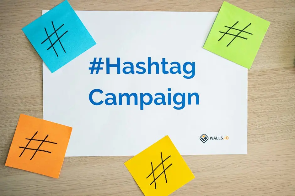 Colorful sticky notes arranged around a hashtag campaign sign, ideal for social media marketing concepts.