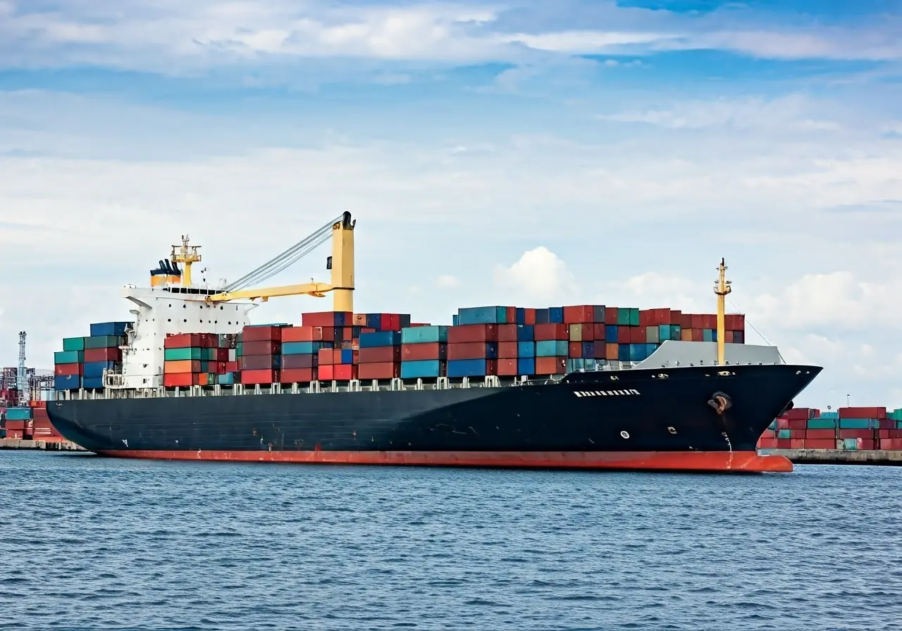 A cargo ship with colorful containers in a busy port. 35mm stock photo