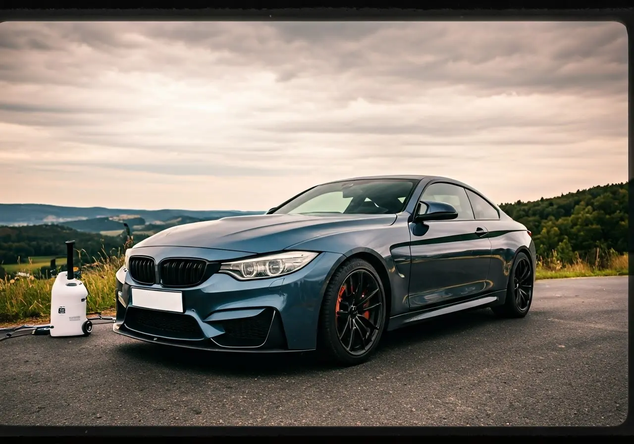 Shiny car parked near scenic view with detailing equipment nearby. 35mm stock photo