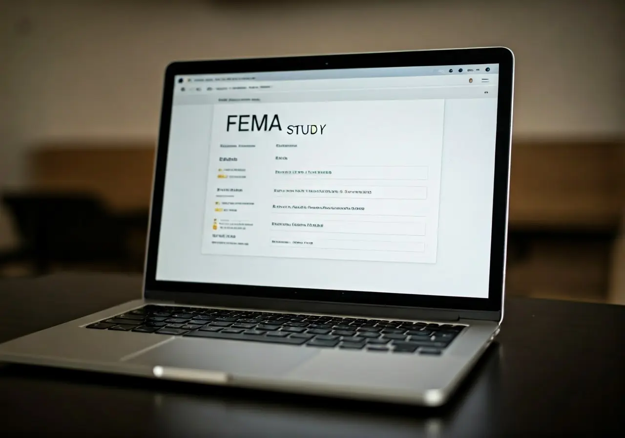 An open laptop displaying an online FEMA study guide. 35mm stock photo