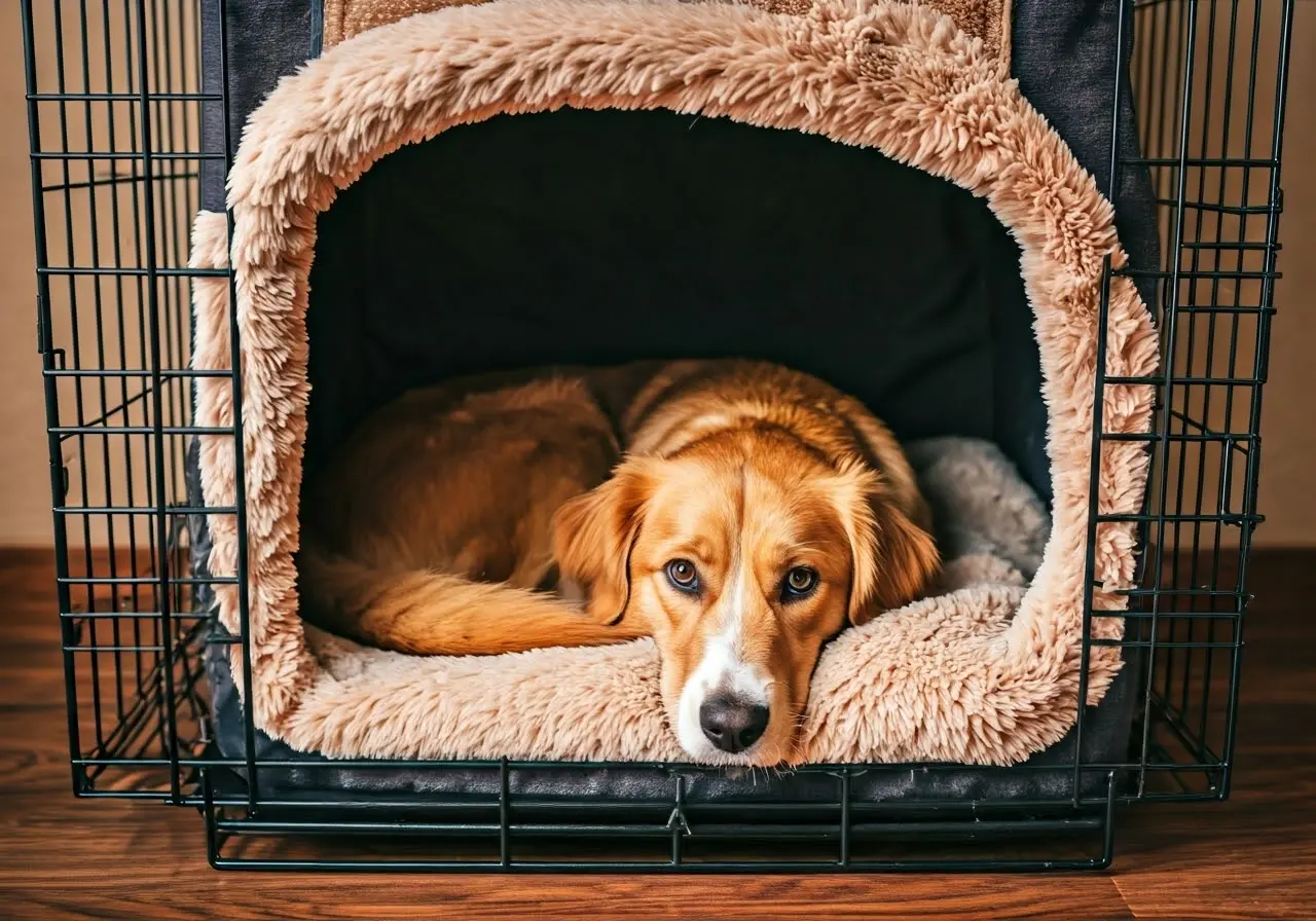 A cozy dog inside a plush, well-ventilated anxiety crate. 35mm stock photo