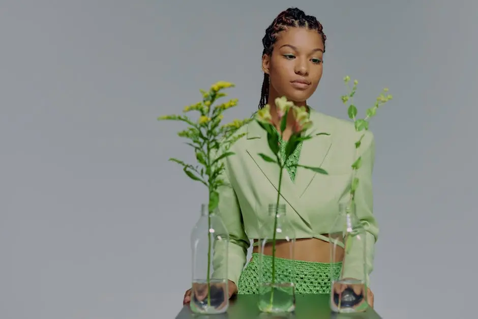 Portrait of woman with plants in vases