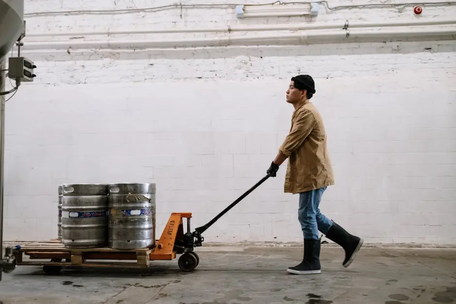 Brewery worker wearing gloves and boots moving metal kegs on a trolley in an industrial indoor space.