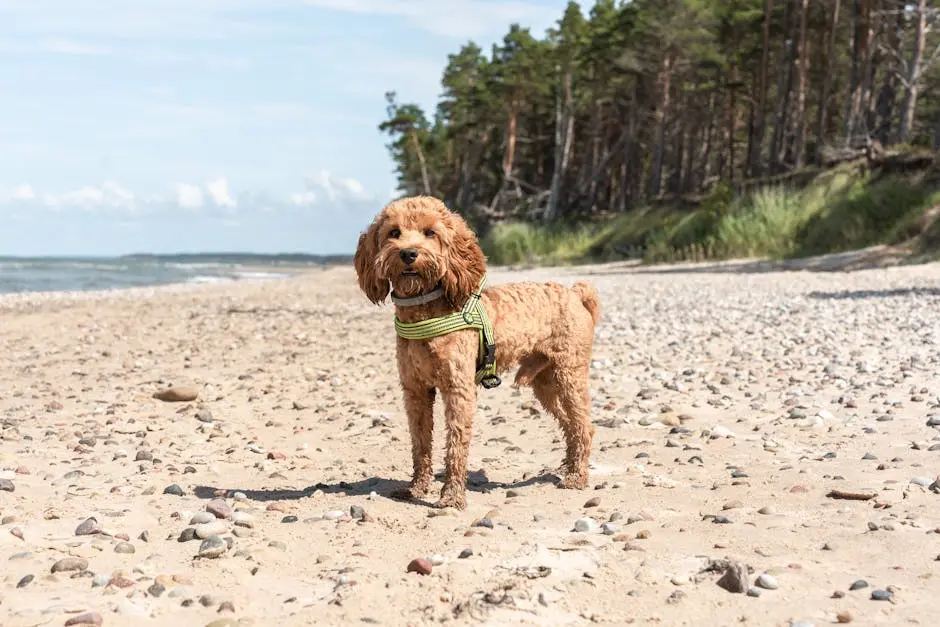 Adorable brown dog with a harness standing on a sandy beach during the day.