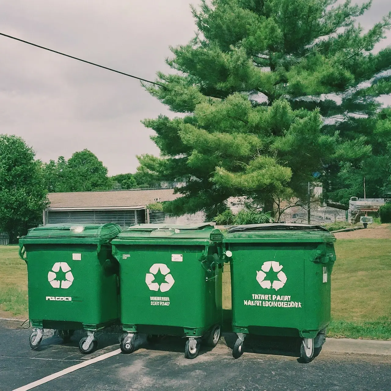 Green disposal containers with recycling symbols in Taunton, MA. 35mm stock photo