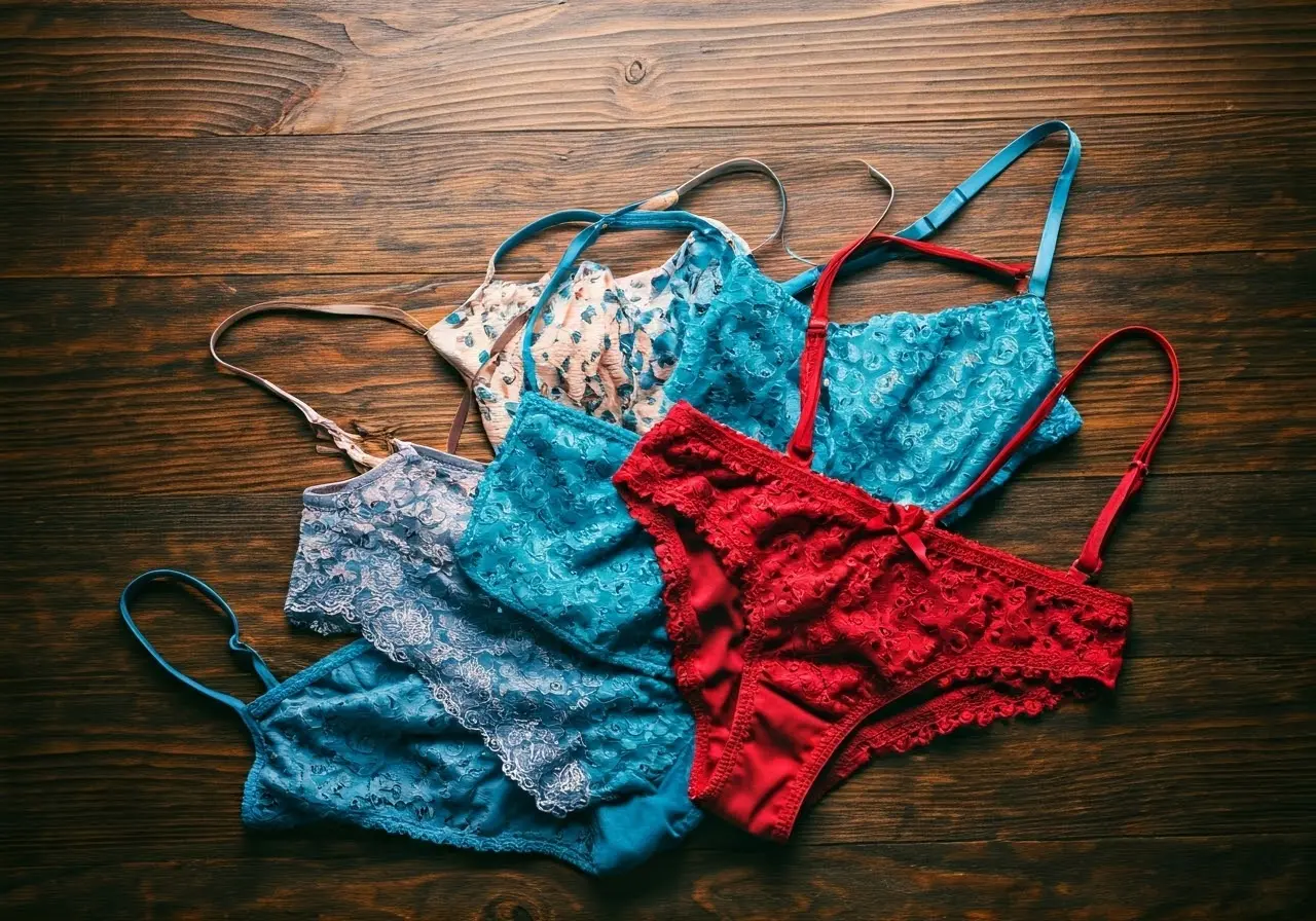 Colorful strappy lingerie neatly arranged on a wooden surface. 35mm stock photo