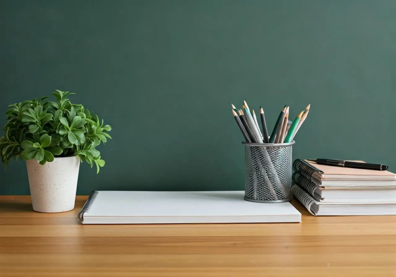 A clean desk with organized office supplies and fresh plants. 35mm stock photo