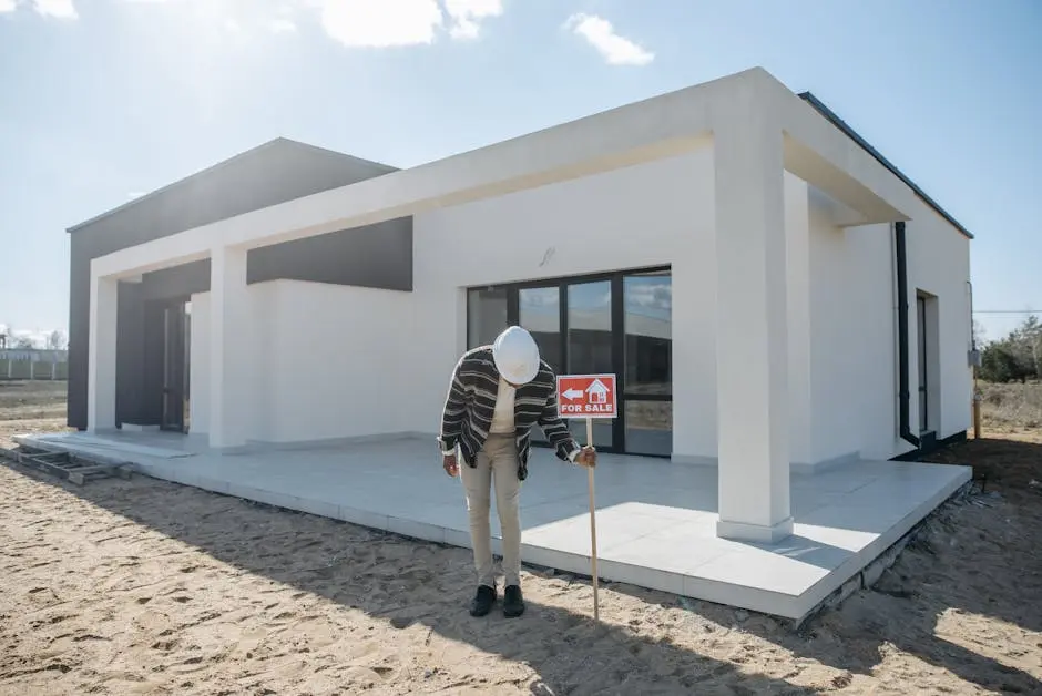 Real estate agent with hard hat standing by a modern house for sale.