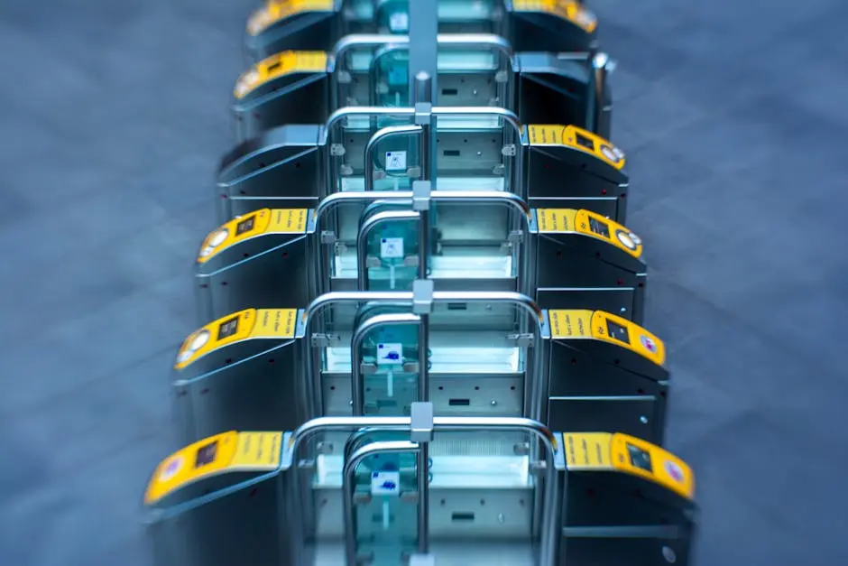 Elevated view of subway turnstiles showing modern transportation infrastructure.