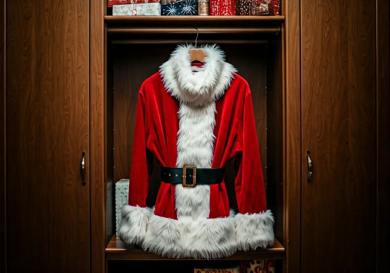 Santa suit hanging neatly in a well-organized closet. 35mm stock photo