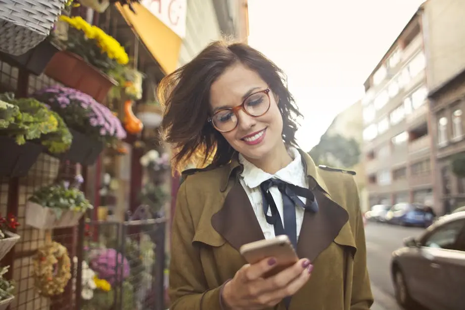 A smiling woman uses her phone outside a colorful urban flower shop on a sunny day.