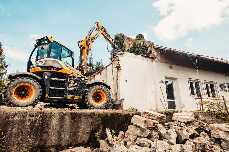 Bulldozer During a Demolition of a House