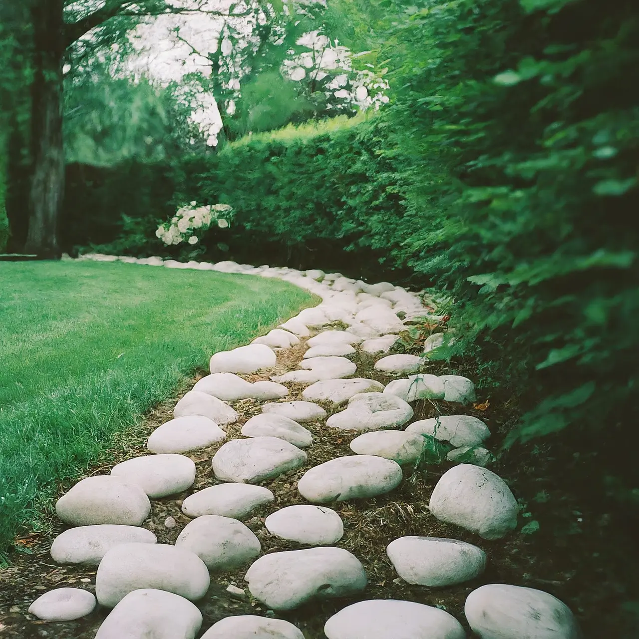 A serene garden path lined with white river rock. 35mm stock photo