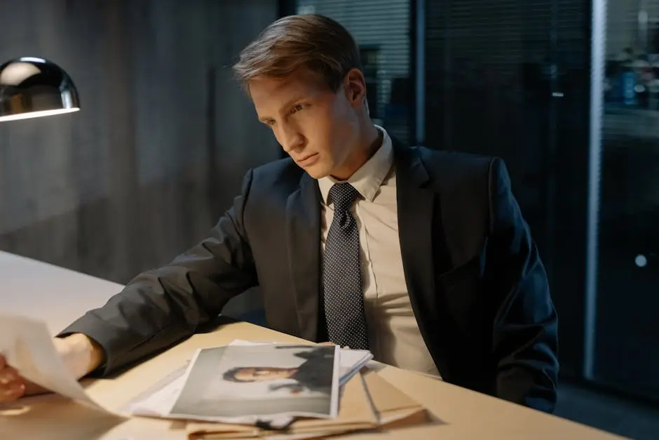 Serious male investigator analyzing documents under lamp light in office.