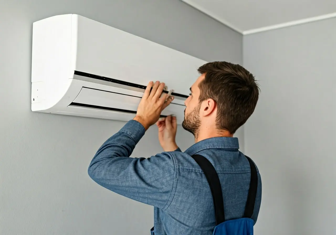 A technician installing an air conditioning unit in a home. 35mm stock photo