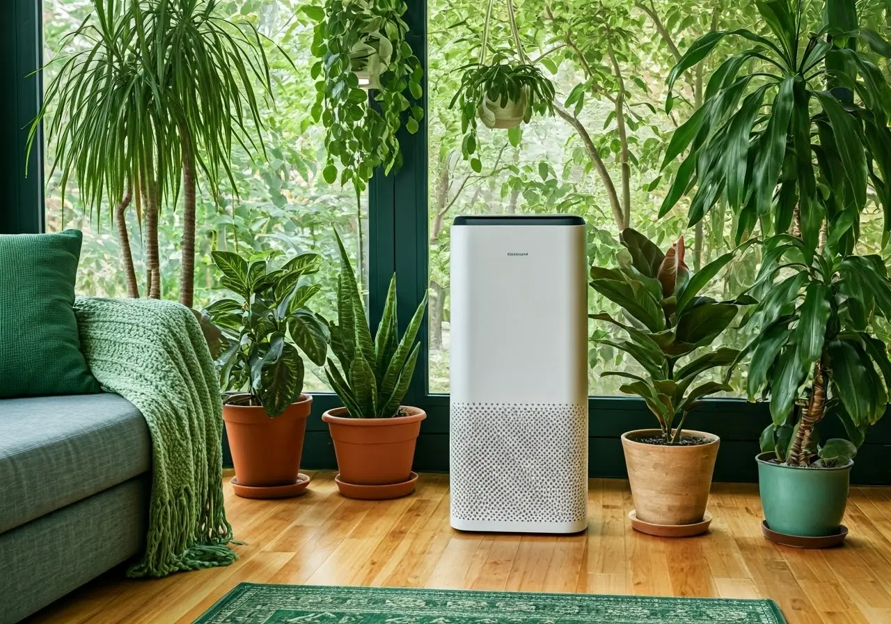 A cozy living room with green plants and air purifier. 35mm stock photo