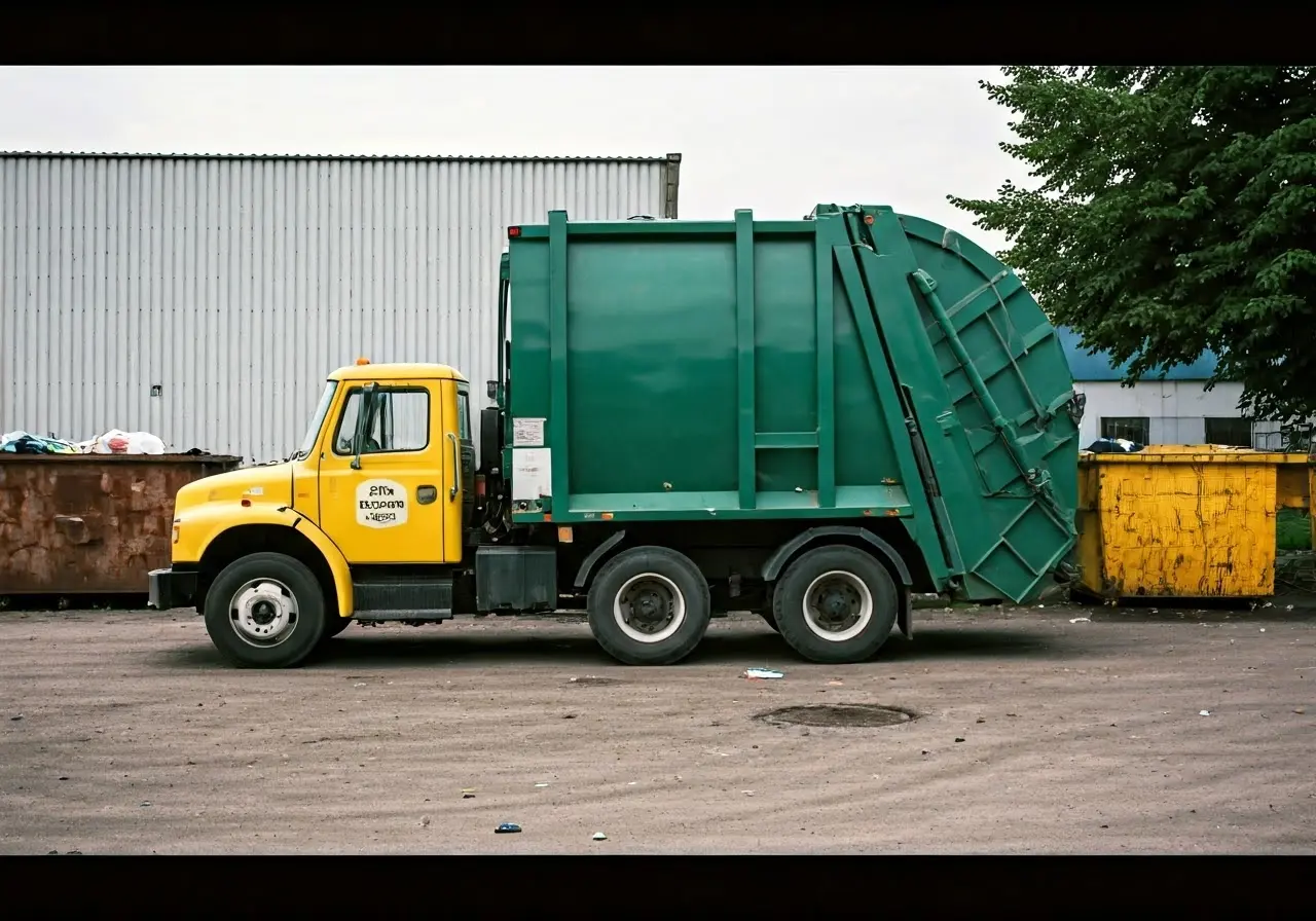 A garbage truck collecting waste beside a row of dumpsters. 35mm stock photo