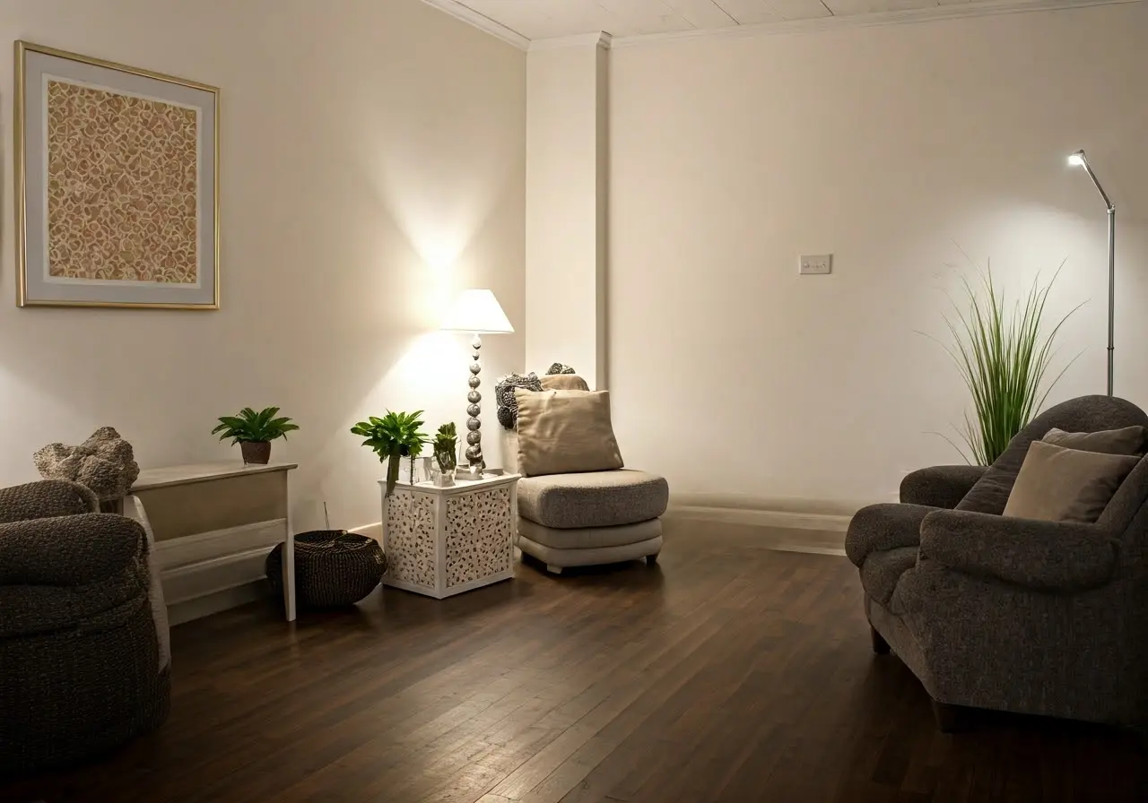 A serene family therapy session room with calming decor. 35mm stock photo