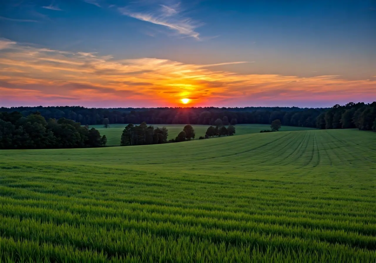 A peaceful sunset over a serene Georgia countryside. 35mm stock photo