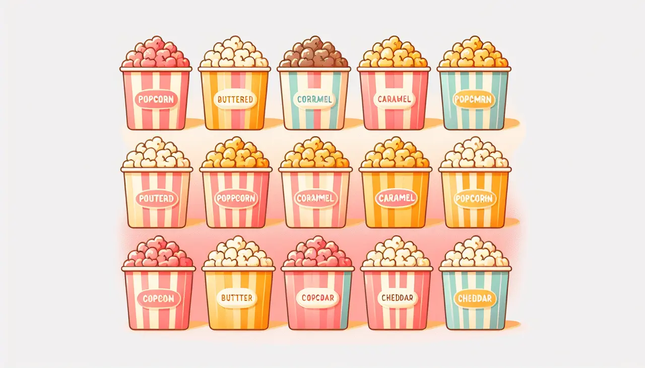 Draw a graphic in flat design style. A variety of colorful popcorn buckets, each labeled with a different flavor, arranged neatly on a pastel background.