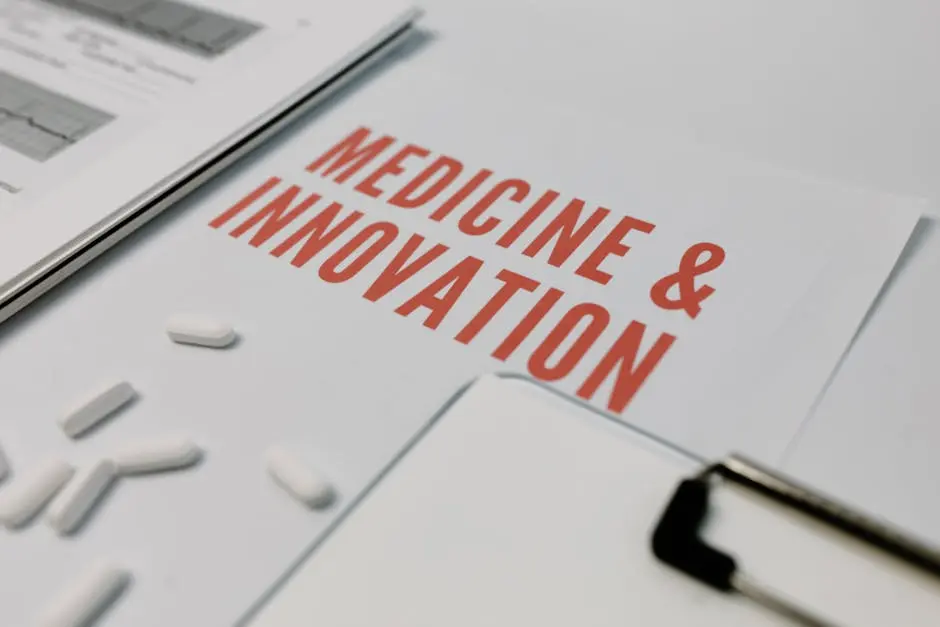 Close-up of ‘Medicine & Innovation’ paper with pills and documents on a desk.