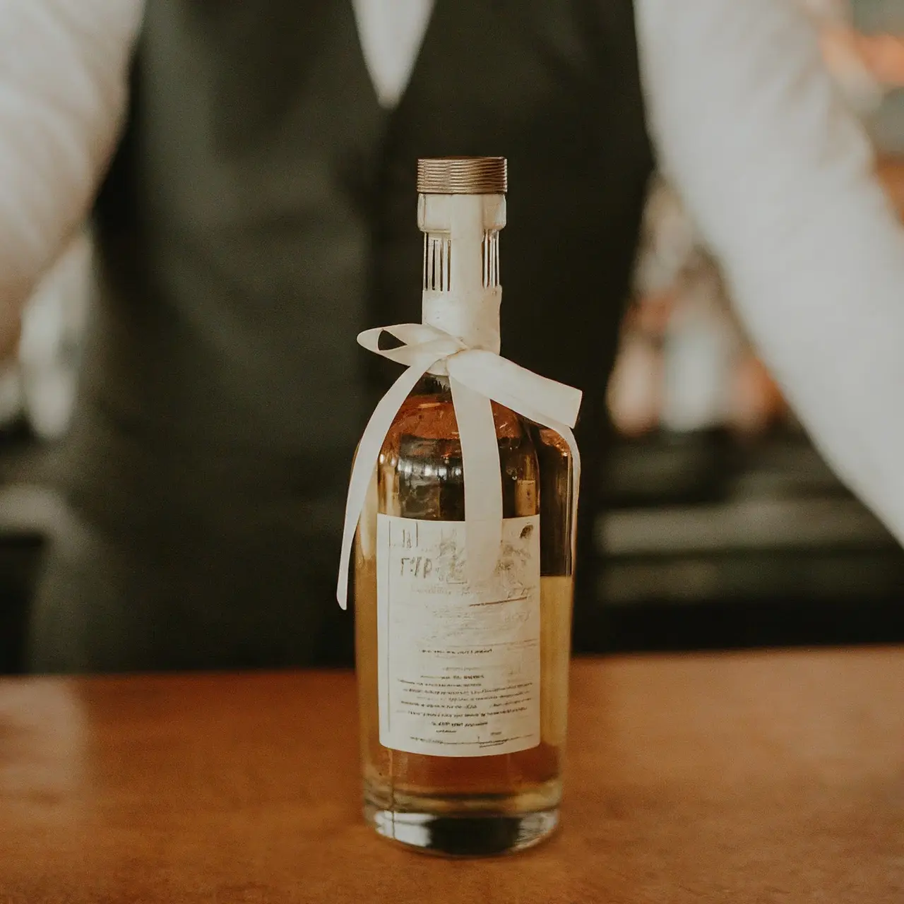 An elegant bottle of tequila with a bow on it. 35mm stock photo