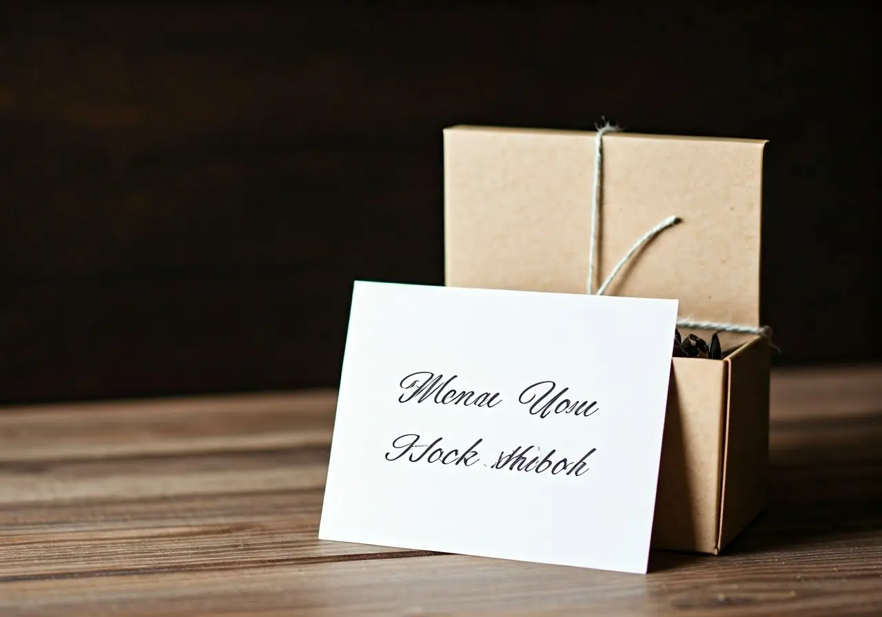 A wrapped gift box with a heartfelt handwritten card. 35mm stock photo