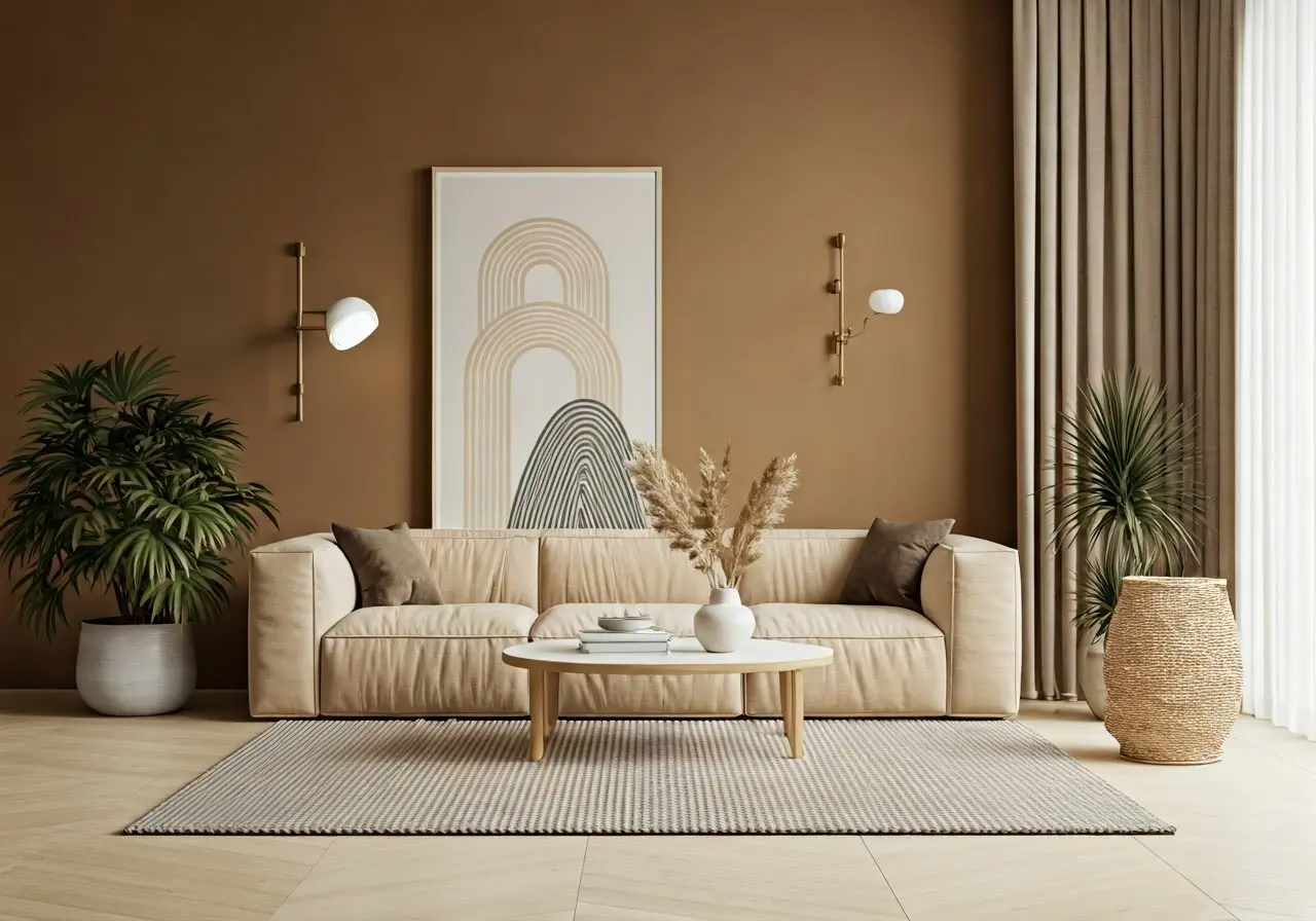 Minimalist living room with earth-toned decor and natural textures. 35mm stock photo