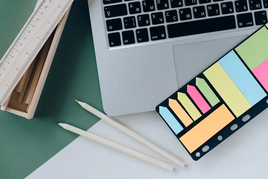 Organized desk with a laptop, sticky notes, pencils, and a ruler on green and white surface.