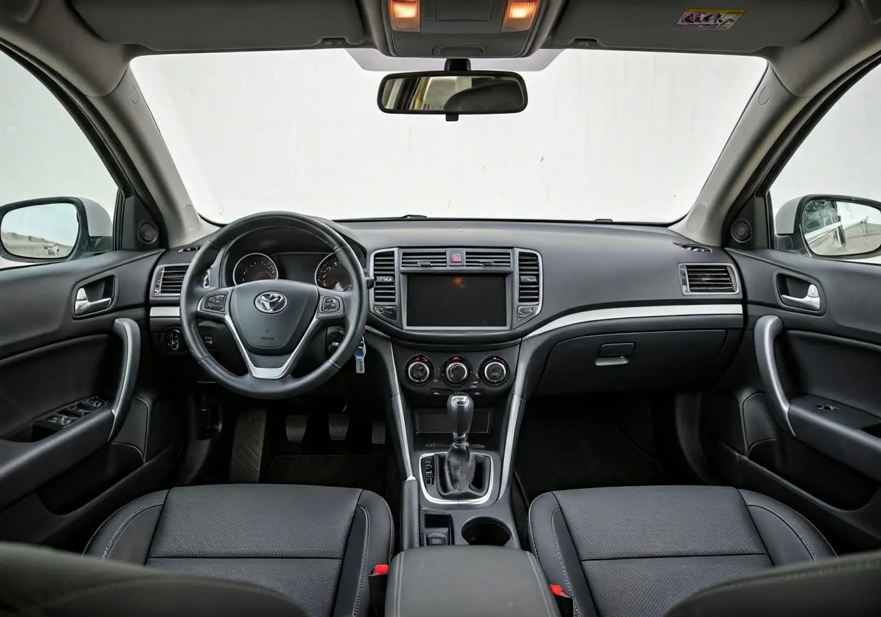 A clean car interior with detailed dashboard and spotless seats. 35mm stock photo