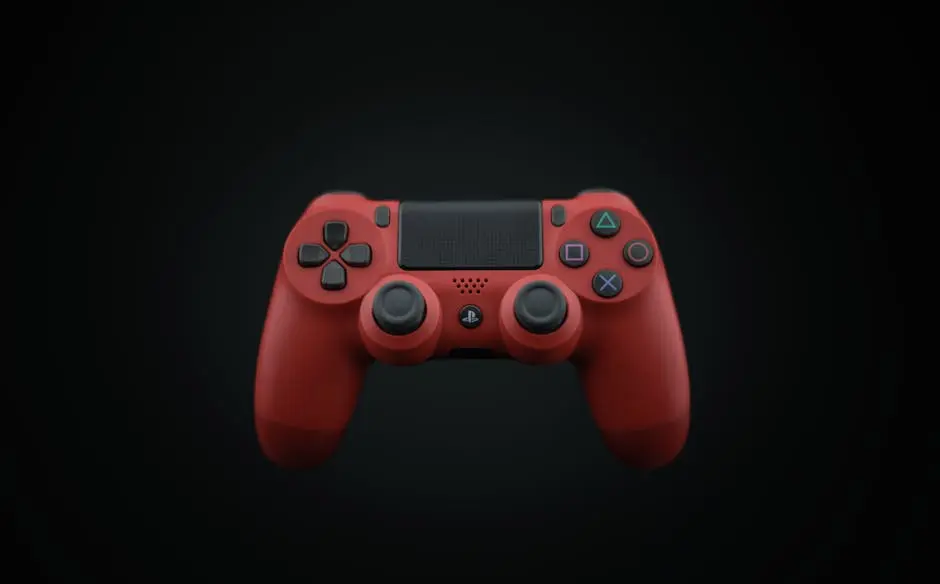 Vibrant red DualShock PS4 controller displayed on a dark background, highlighting modern gaming design.