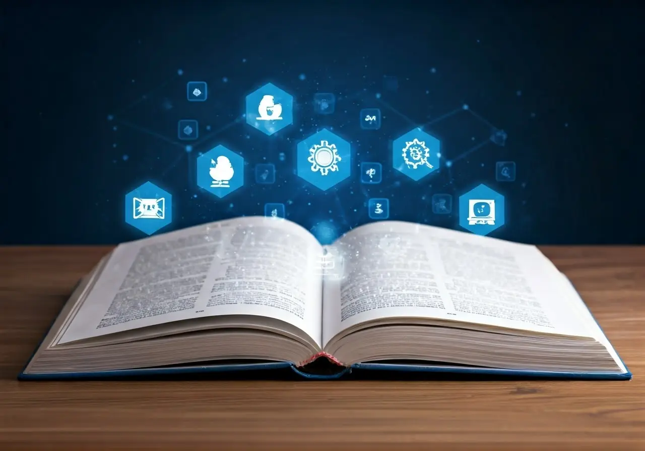 Open book with highlighted sections and emergency management icons. 35mm stock photo