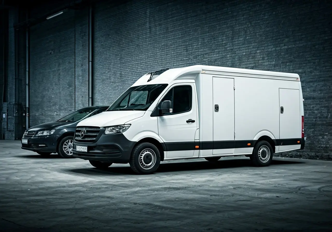 A mobile repair van parked beside a car with tools. 35mm stock photo