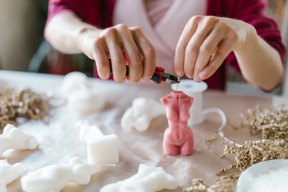 A close-up of a woman crafting a body-shaped candle, showcasing hands-on creativity.