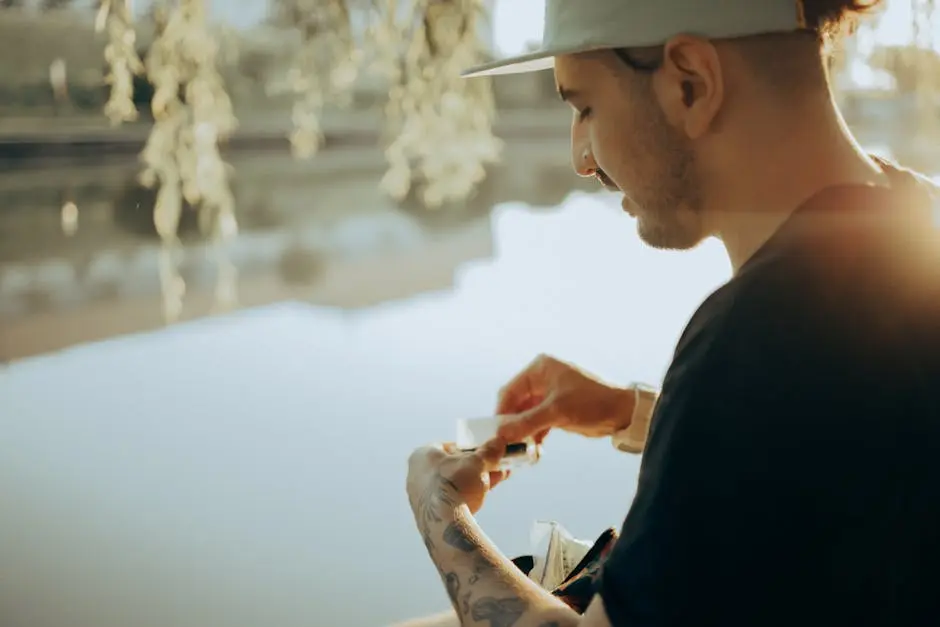 A Man in a Black Shirt Rolling a Cigarette