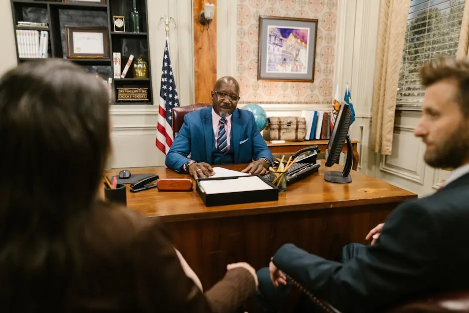 A professional lawyer meeting with clients in his office at a legal consultation.